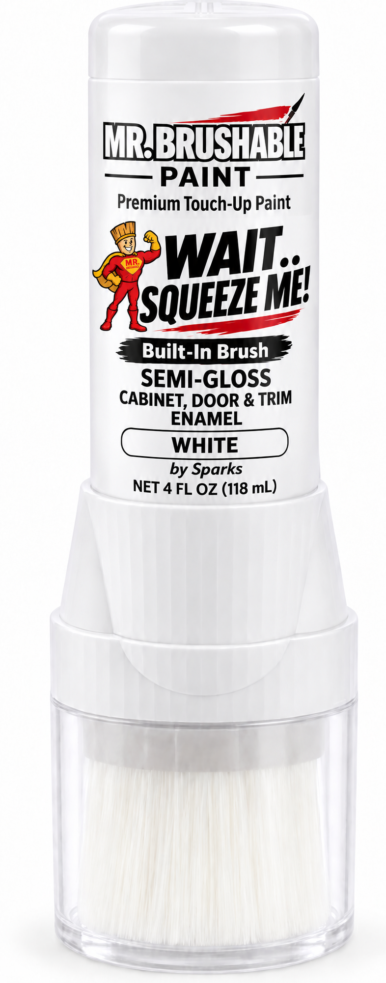 Mr. Brushable white semi-gloss cabinet, door and trim touch-up enamel bottle with built-in brush