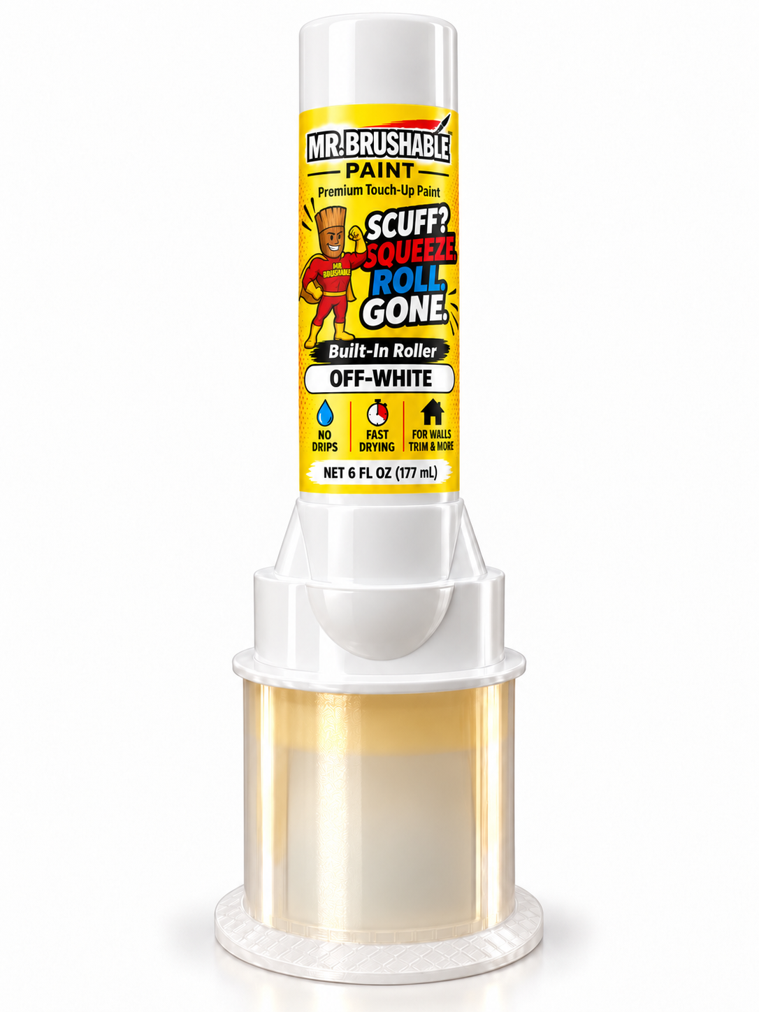 Mr. Brushable Touch-Up Paint Roller Bottle, 6 fl oz Off-White, standing in its clear cap: Scuff? Squeeze. Roll. Gone.