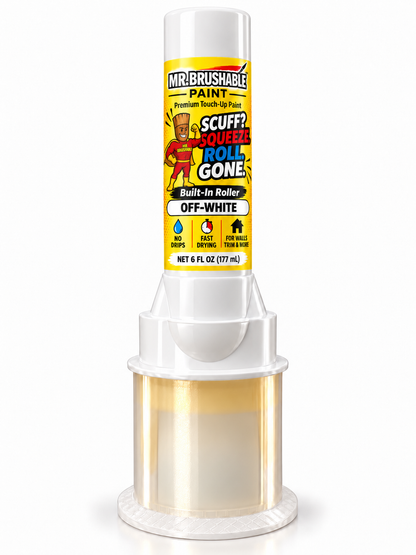 Mr. Brushable Touch-Up Paint Roller Bottle, 6 fl oz Off-White, standing in its clear cap: Scuff? Squeeze. Roll. Gone.