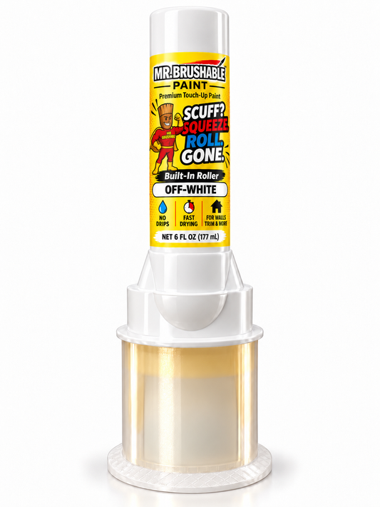 Mr. Brushable Touch-Up Paint Roller Bottle, 6 fl oz Off-White, standing in its clear cap: Scuff? Squeeze. Roll. Gone.