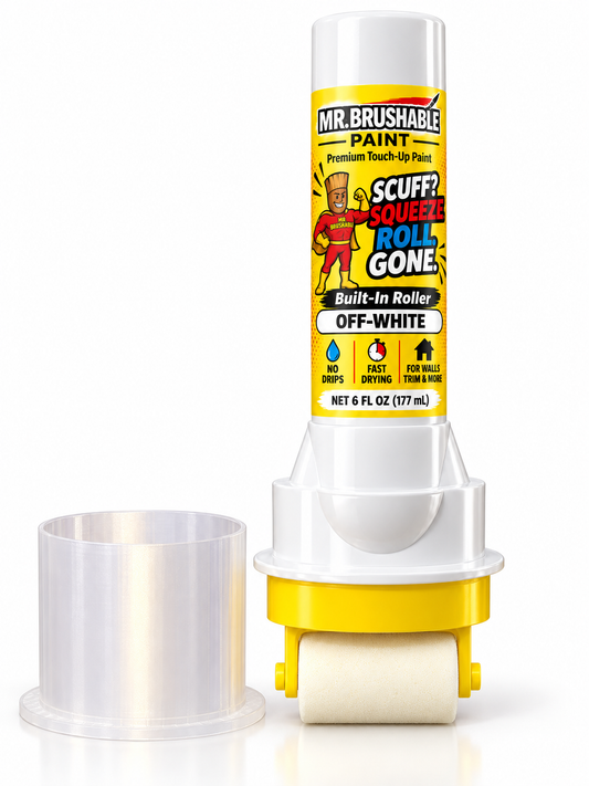 Mr. Brushable Touch-Up Paint Roller Bottle, 6 fl oz Off-White, with clear cap removed to show the built-in foam roller