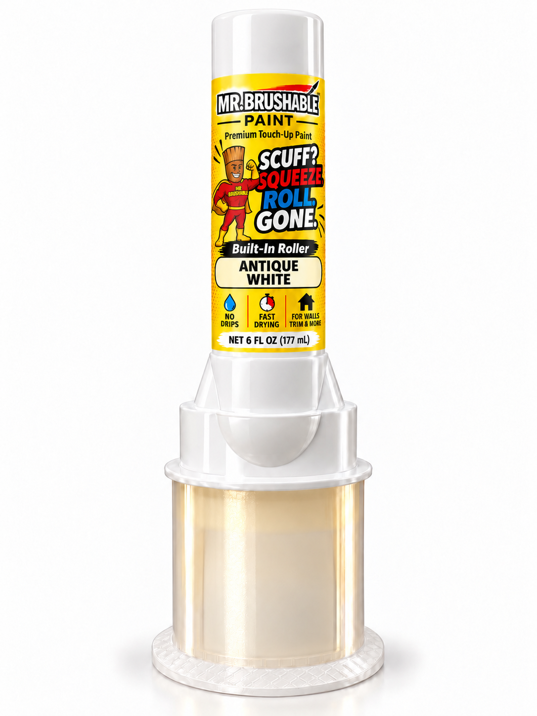 Mr. Brushable Antique White touch-up paint roller bottle, 6 fl oz, with built-in roller