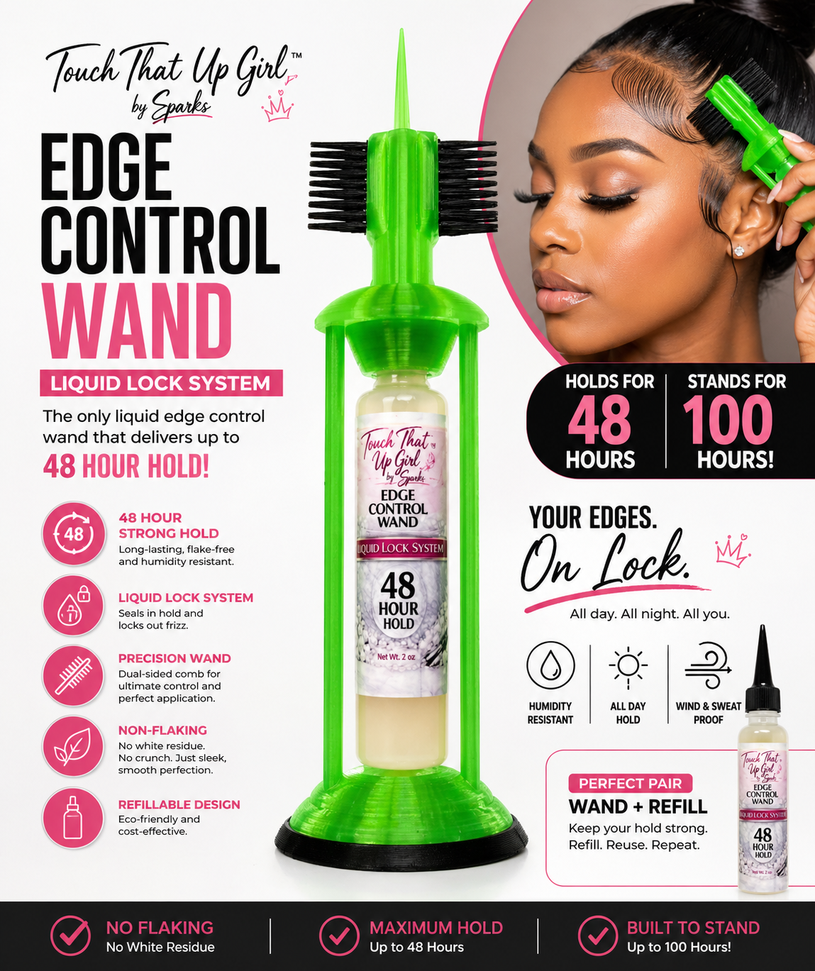 Edge Control Wand – Free-Standing Edge Control Applicator w/Brush/Comb/Pick | Touch That Up Girl by Sparks