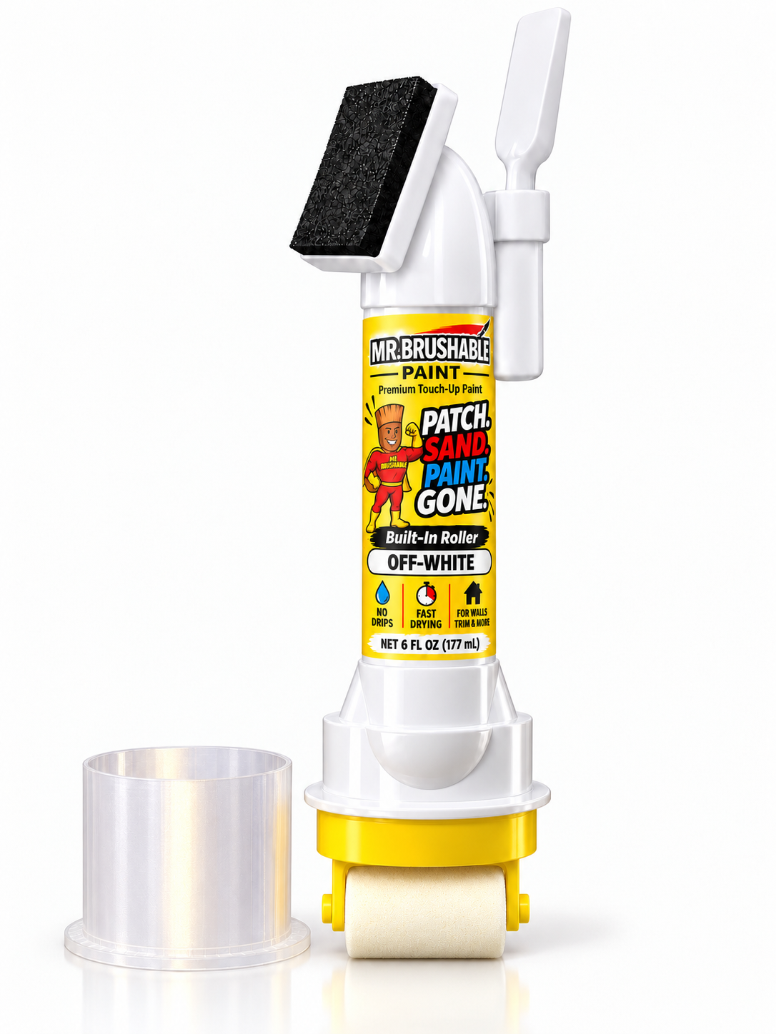 Mr. Brushable Quick Fix with the clear cap off, showing the built-in foam roller