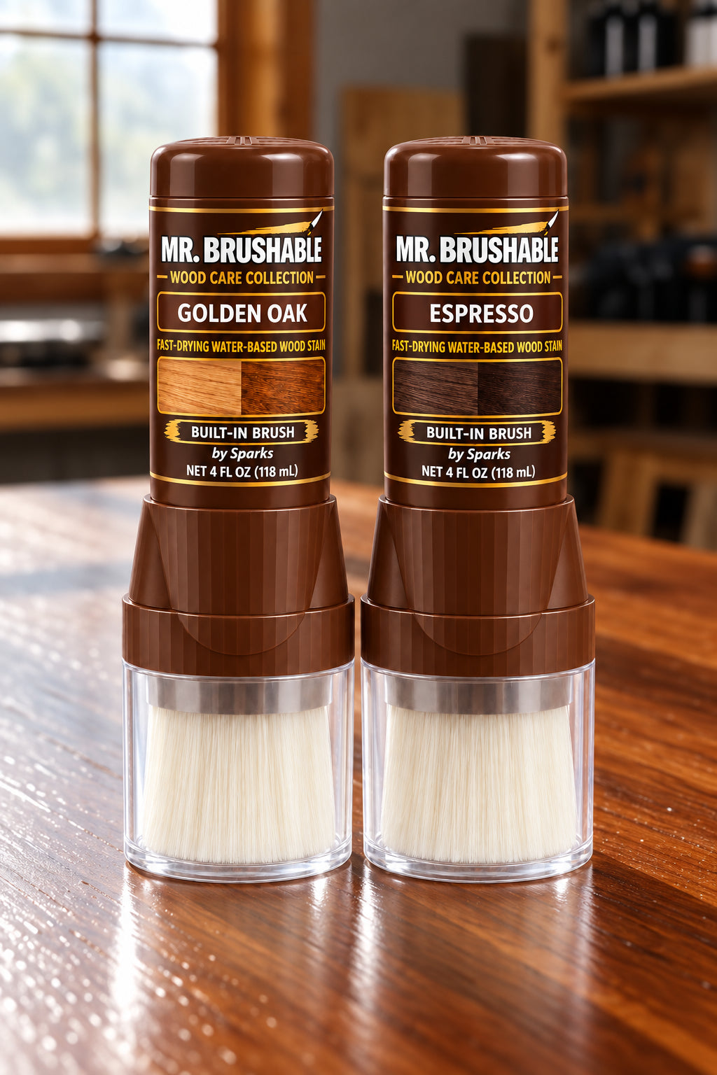 Mr. Brushable wood stain + poly with built-in brush for furniture scratches
