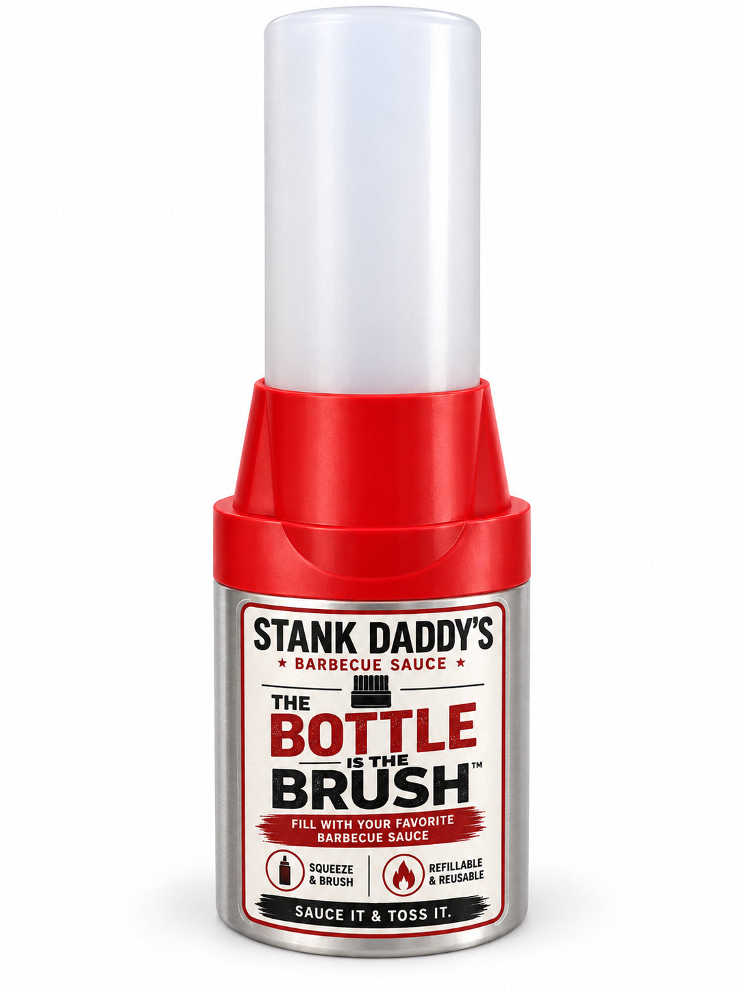 Empty 12 oz barbecue sauce bottle with built-in basting brush, no label