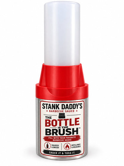 Empty 12 oz barbecue sauce bottle with built-in basting brush, no label