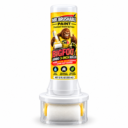 Mr. Brushable BIGFOOT 12 oz wall touch-up paint with integrated 3-inch roller and clear protective cover — concept image