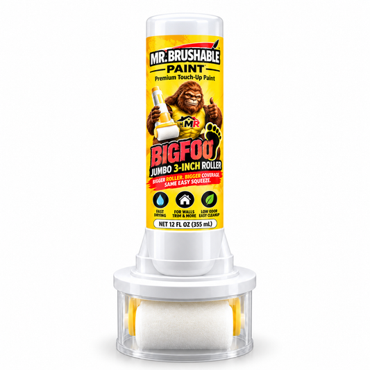Mr. Brushable BIGFOOT 12 oz wall touch-up paint with integrated 3-inch roller and clear protective cover — concept image